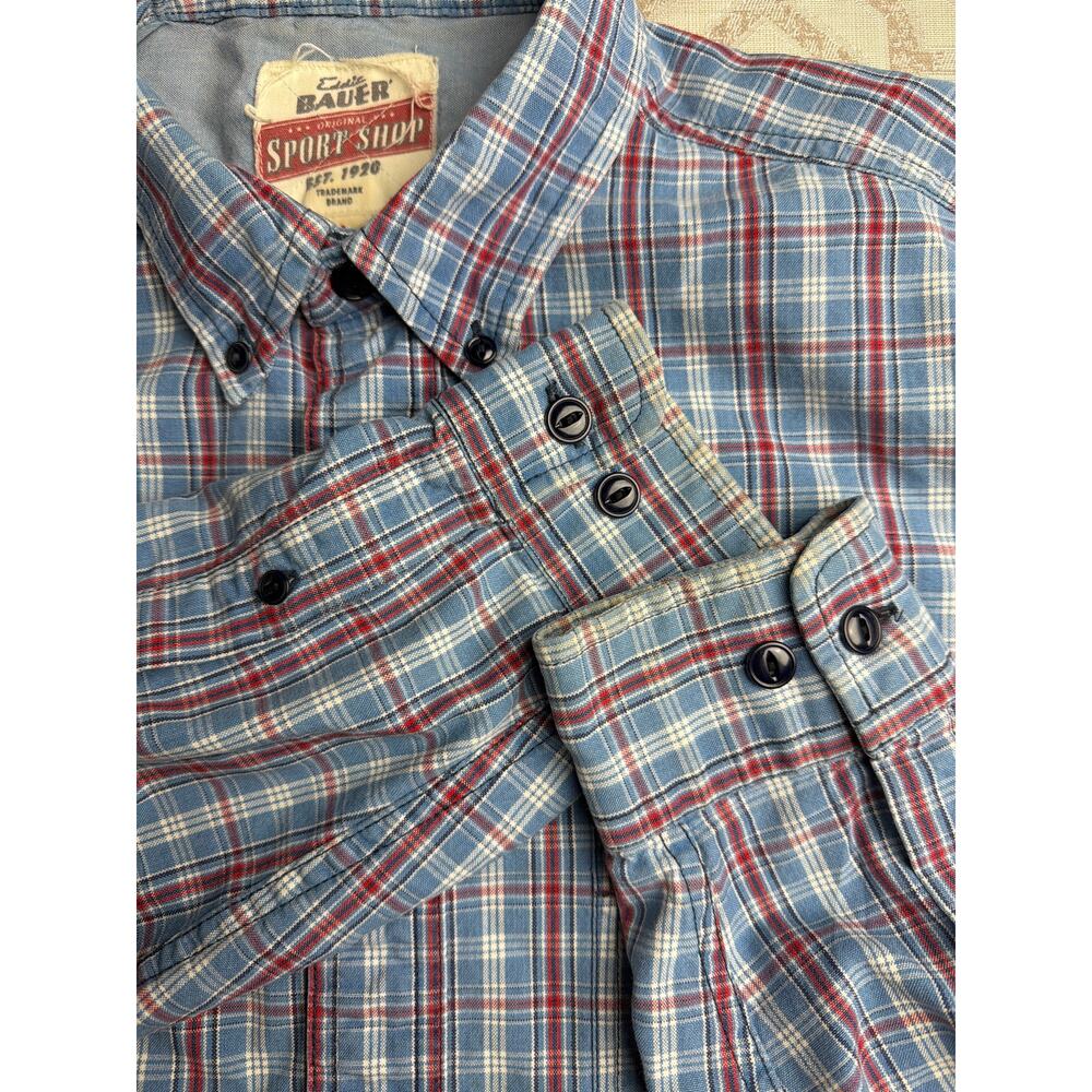 Eddie Bauer Sport Shop Mens Vintage Plaid‎ Button Down Shirt Blue Red White M - Picture 8 of 8